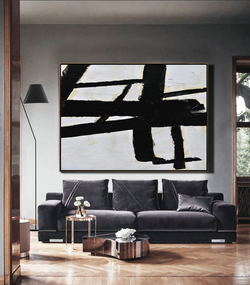 Large Contemporary Painting,Horizontal Palette Knife Minimal Canvas Art Painting Black White Beige - Acrylic Painting On Canvas